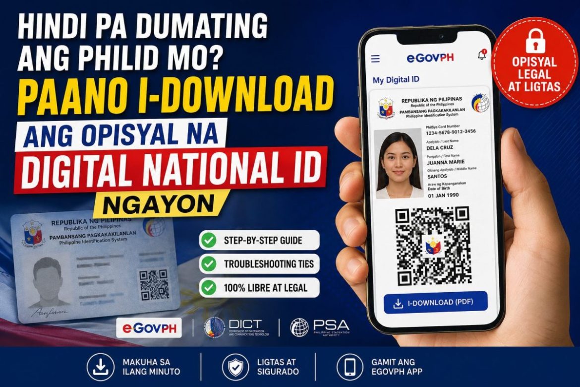 Smartphone displaying the Digital National ID Philippines through the eGovPH app with PhilID card and official government branding.