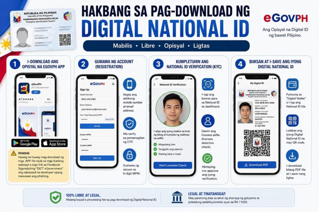 Step-by-step infographic showing how to download the Digital National ID Philippines using the official eGovPH app.