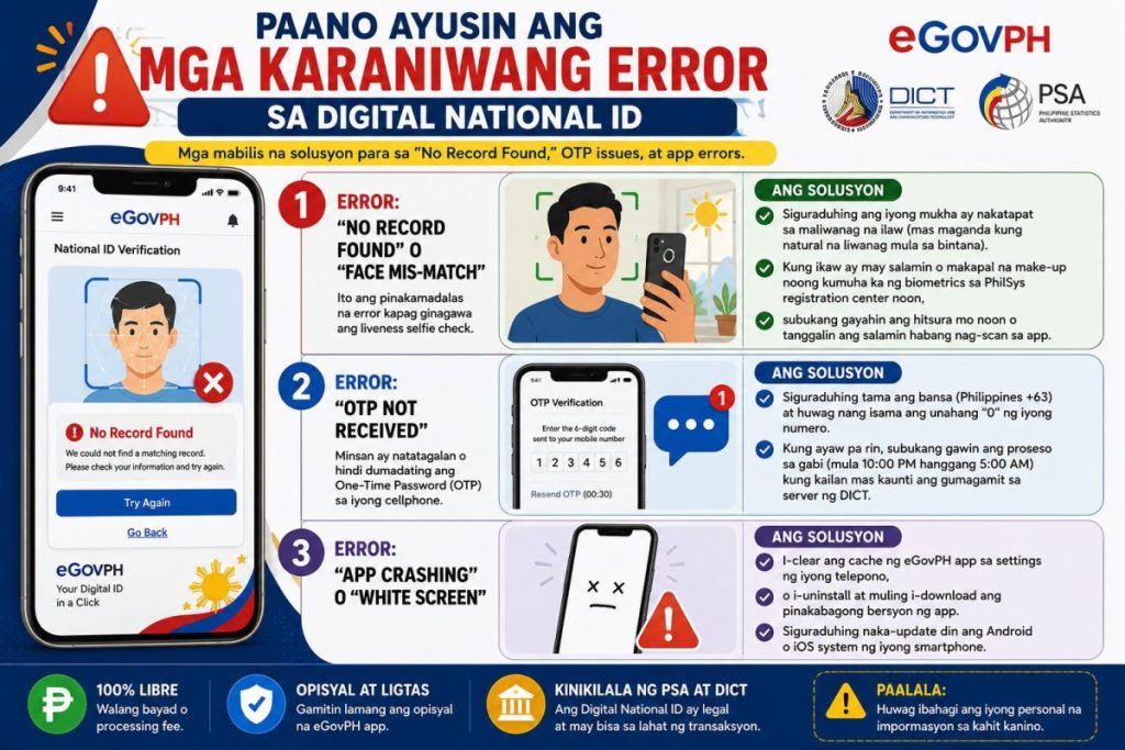 AI-generated infographic showing common Digital National ID Philippines errors and troubleshooting solutions in the eGovPH app.
