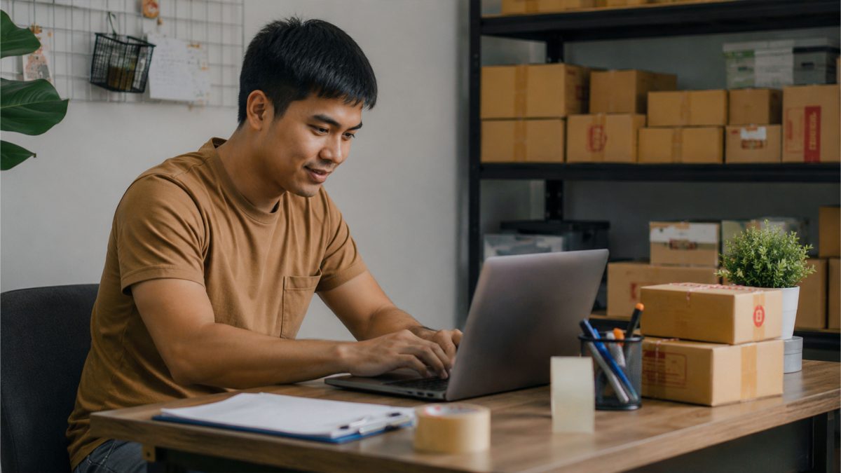 Filipino entrepreneur working on a laptop while managing inventory and online customer orders.