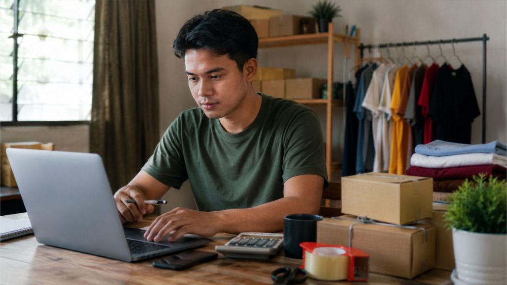 Filipino small business owner using a laptop to manage e-commerce sales and business operations.