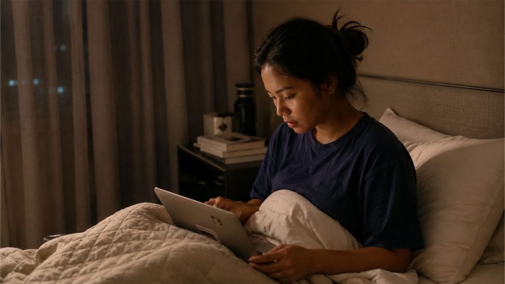Filipino woman sitting in bed and using a tablet during the evening in a softly lit bedroom.