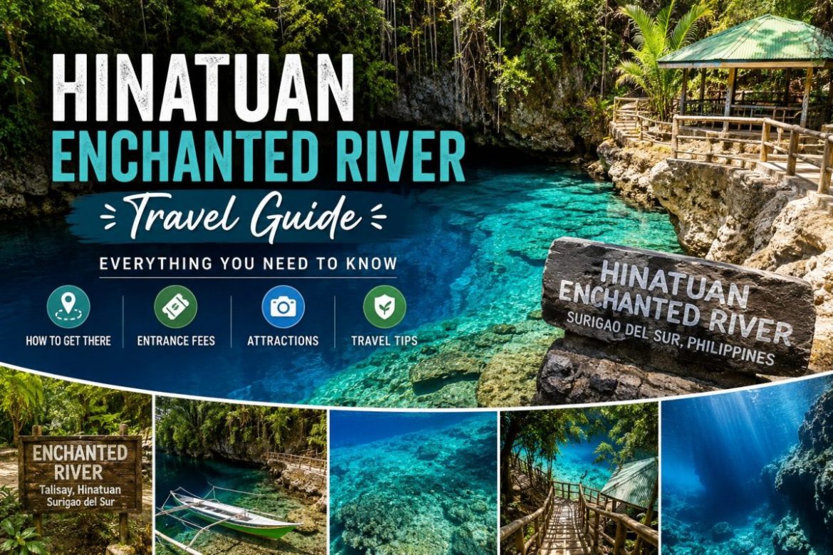Crystal-clear blue waters of the Hinatuan Enchanted River surrounded by lush tropical forest in Surigao del Sur, Philippines.