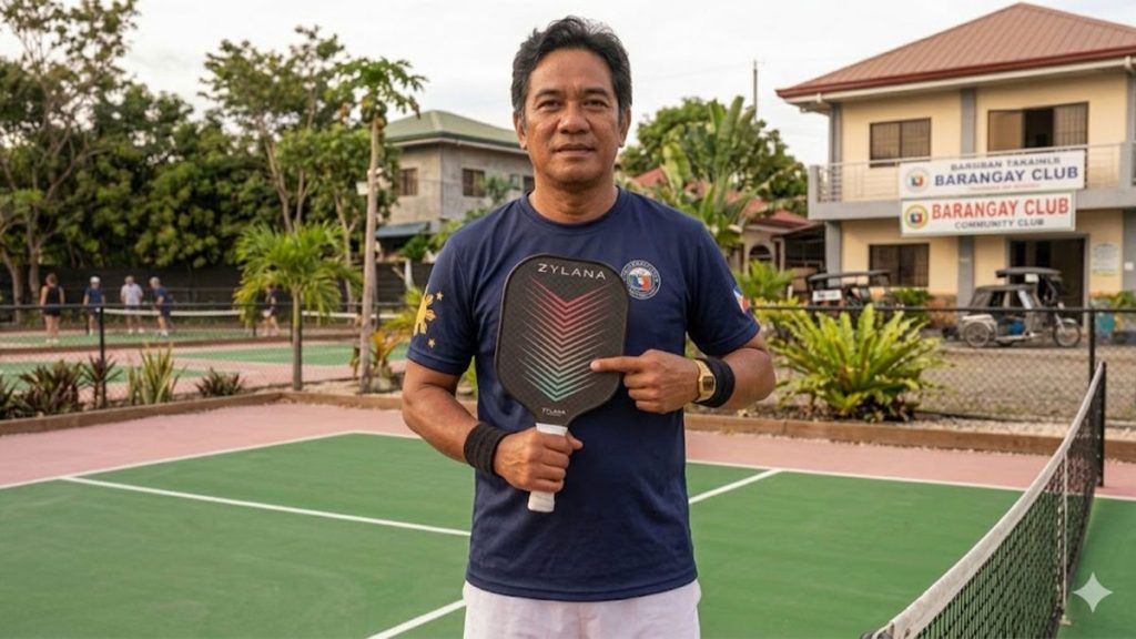 A smiling Filipino man pointing to his custom pickleball paddle on an outdoor neighborhood court, illustrating the local community and pickleball lifestyle benefits.
