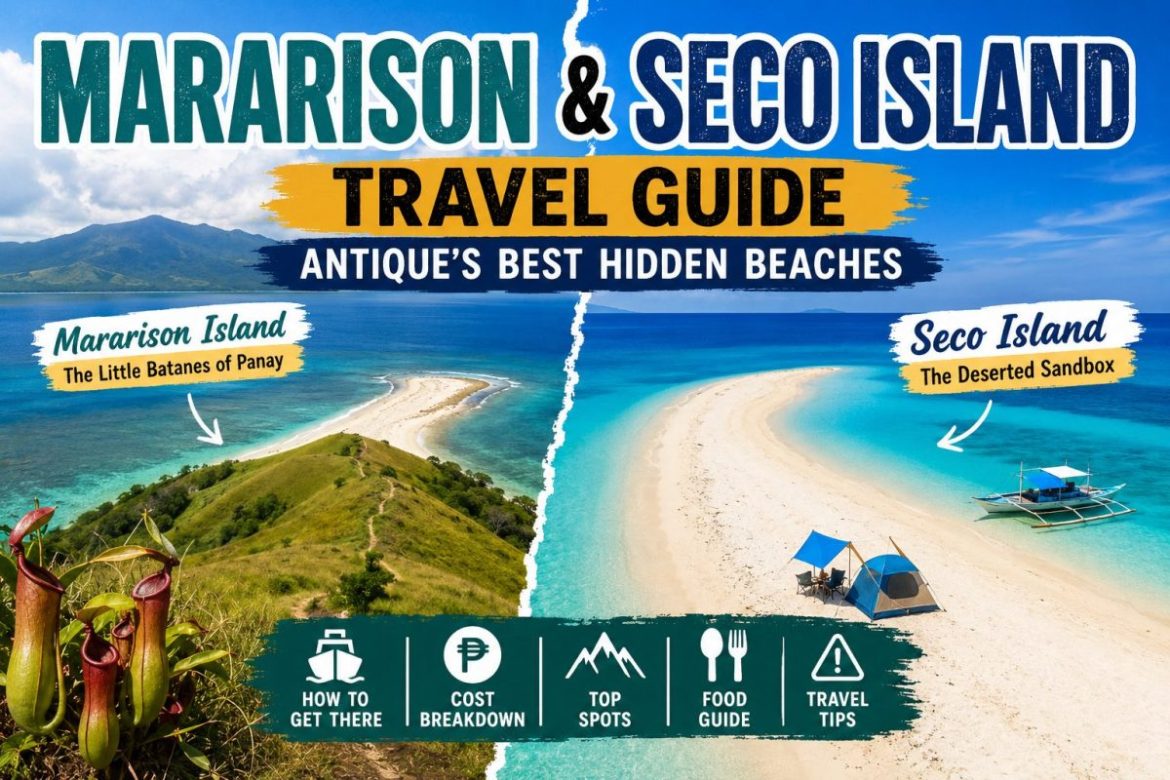 Travel guide thumbnail featuring Mararison Island and Seco Island in Antique, Philippines, showcasing scenic sandbars, turquoise waters, and top attractions.