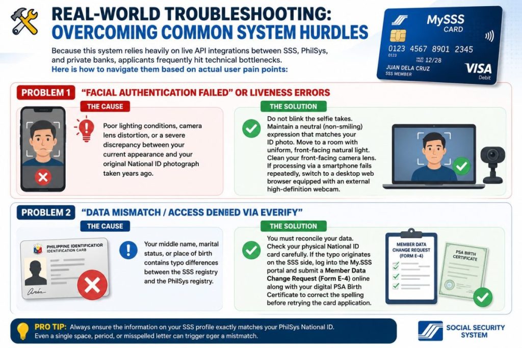 Step-by-step troubleshooting guide for MySSS Card Application 2026 showing solutions for facial authentication and data mismatch problems.