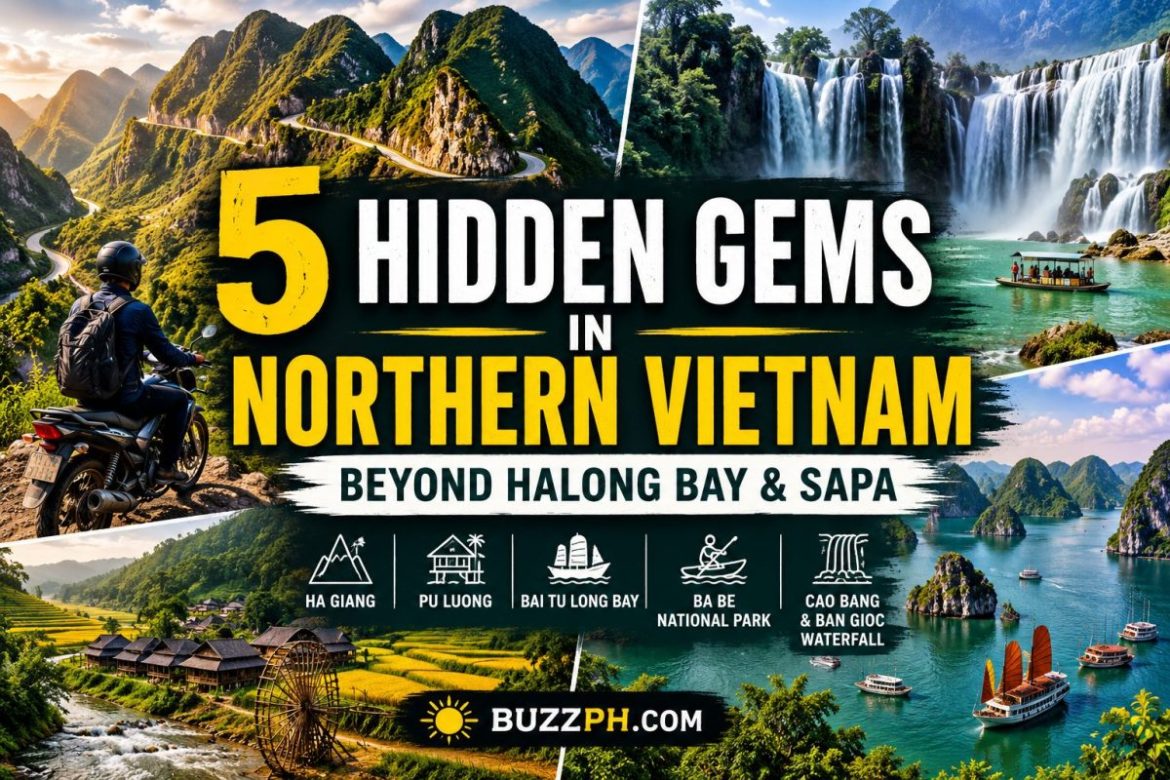 Scenic landscapes of Northern Vietnam featuring Ha Giang mountain roads, Ban Gioc Waterfall, Bai Tu Long Bay, and remote countryside destinations.