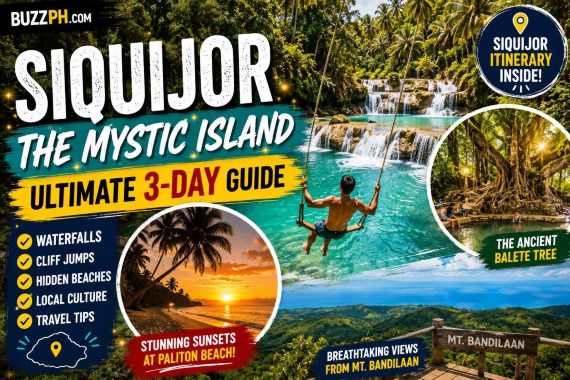 Siquijor travel guide thumbnail featuring Cambugahay Falls, the Old Balete Tree, Paliton Beach sunset, and Mt. Bandilaan viewpoint.
