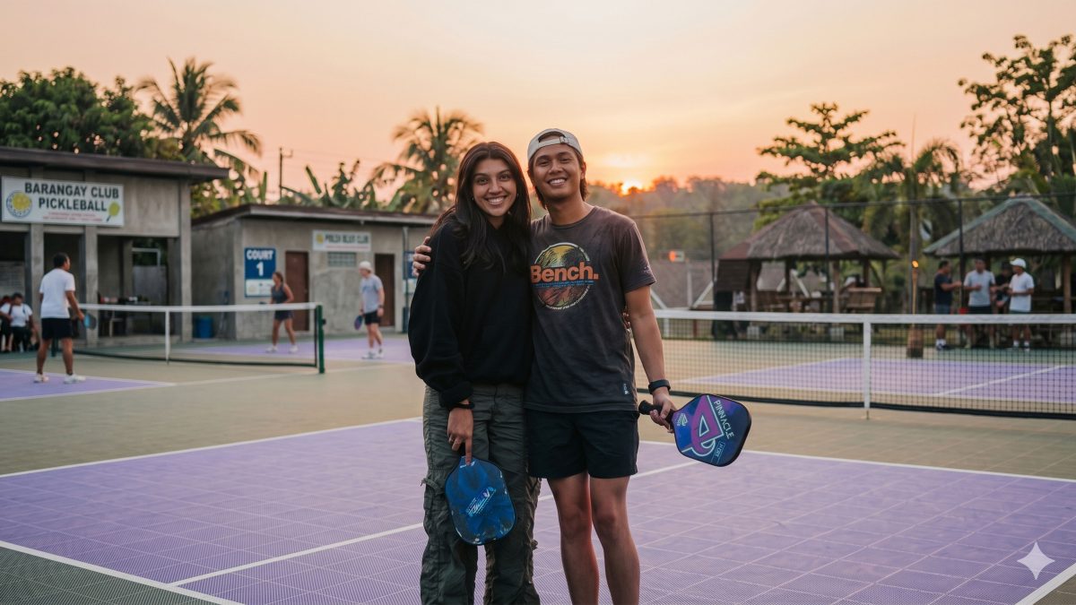 Two young adult players smiling together on a purple court during a sunset match, highlighting the social connection and pickleball lifestyle benefits.