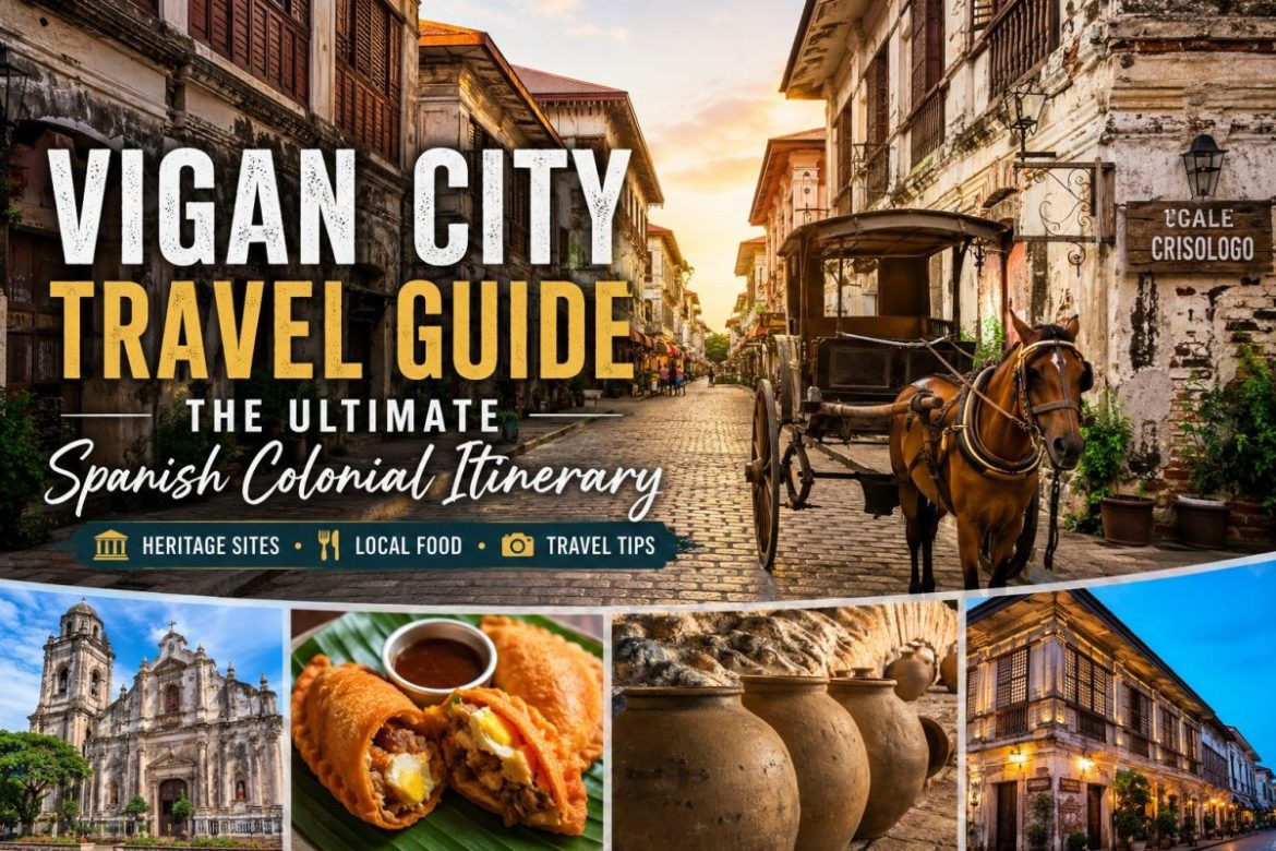 Historic Calle Crisologo in Vigan City featuring Spanish colonial architecture, a traditional kalesa, heritage landmarks, local food, and cultural attractions in Ilocos Sur.