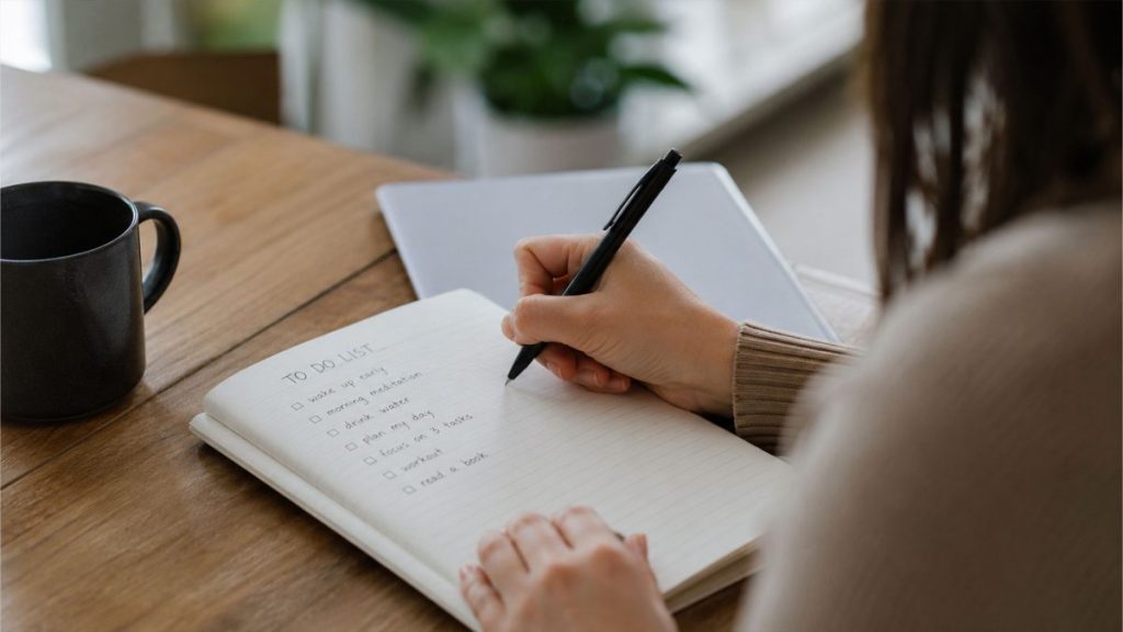 Person creating a handwritten to-do list in a notebook at a desk