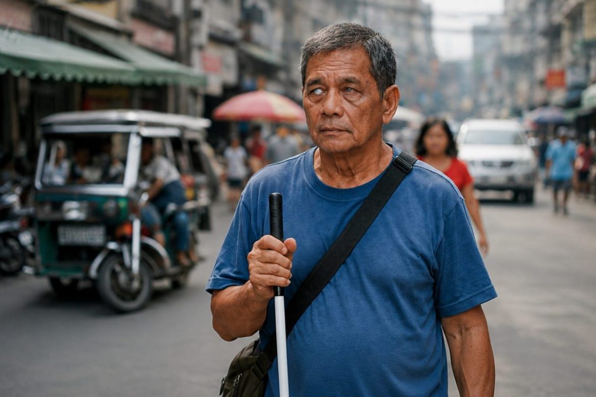 An older man with visual impairment uses a white cane while walking along a busy street, highlighting the importance of glaucoma awareness and early eye care.