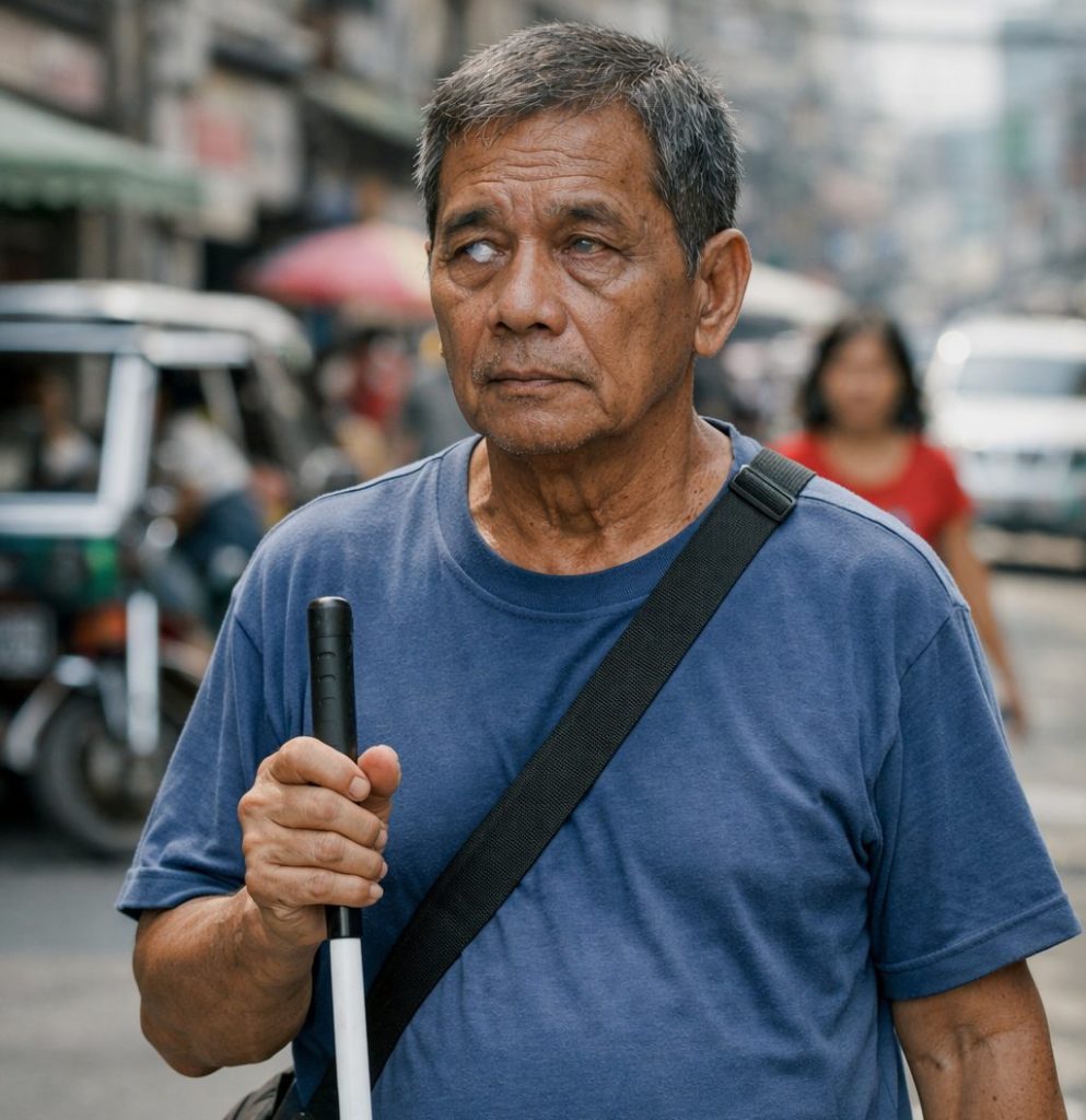 Portrait of an older man with a white cane illustrating the effects of glaucoma and the importance of glaucoma awareness.