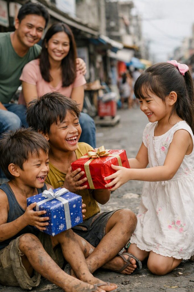 Children sharing gifts with smiles, illustrating how happiness means giving through kindness and generosity.