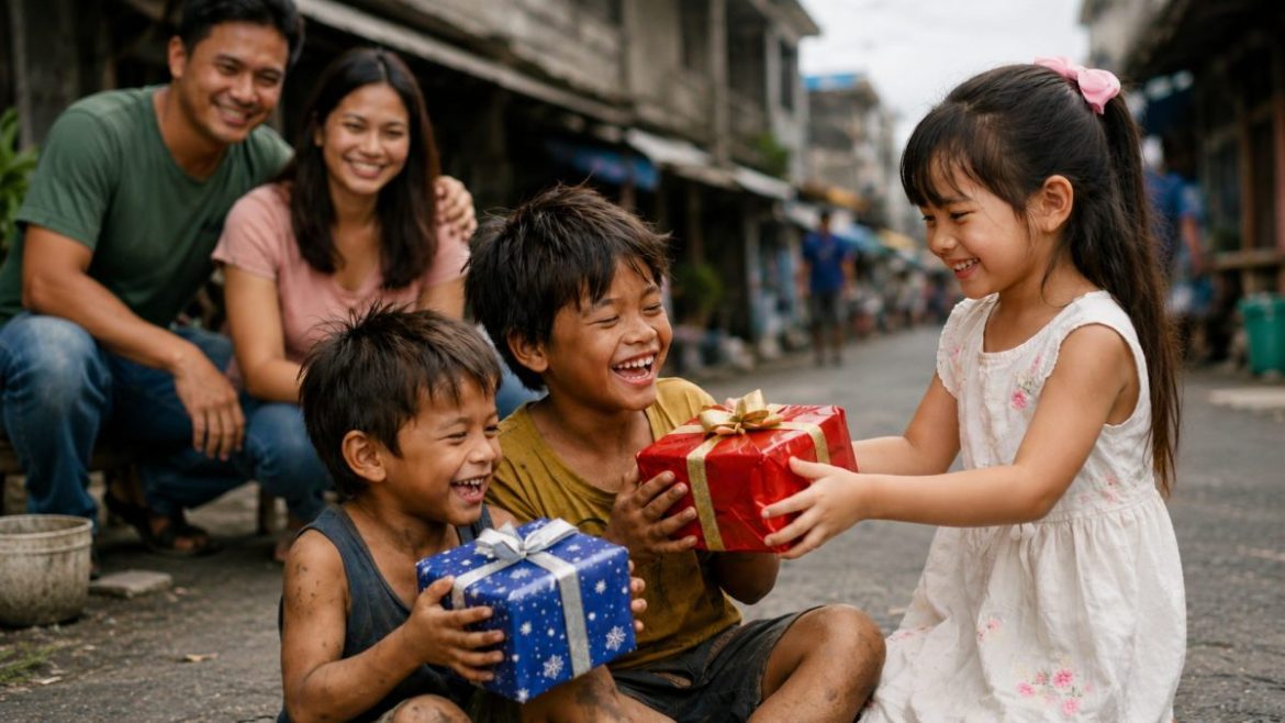 A family watches children exchange gifts, demonstrating that happiness means giving and caring for others.