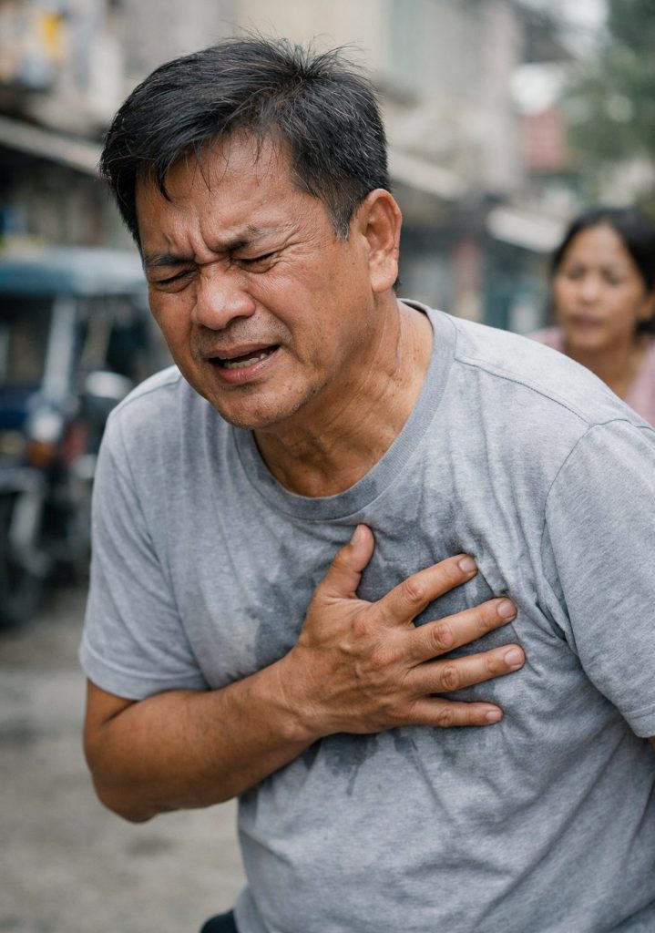 Man experiencing chest pain, illustrating the importance of heart disease prevention and cardiovascular awareness.