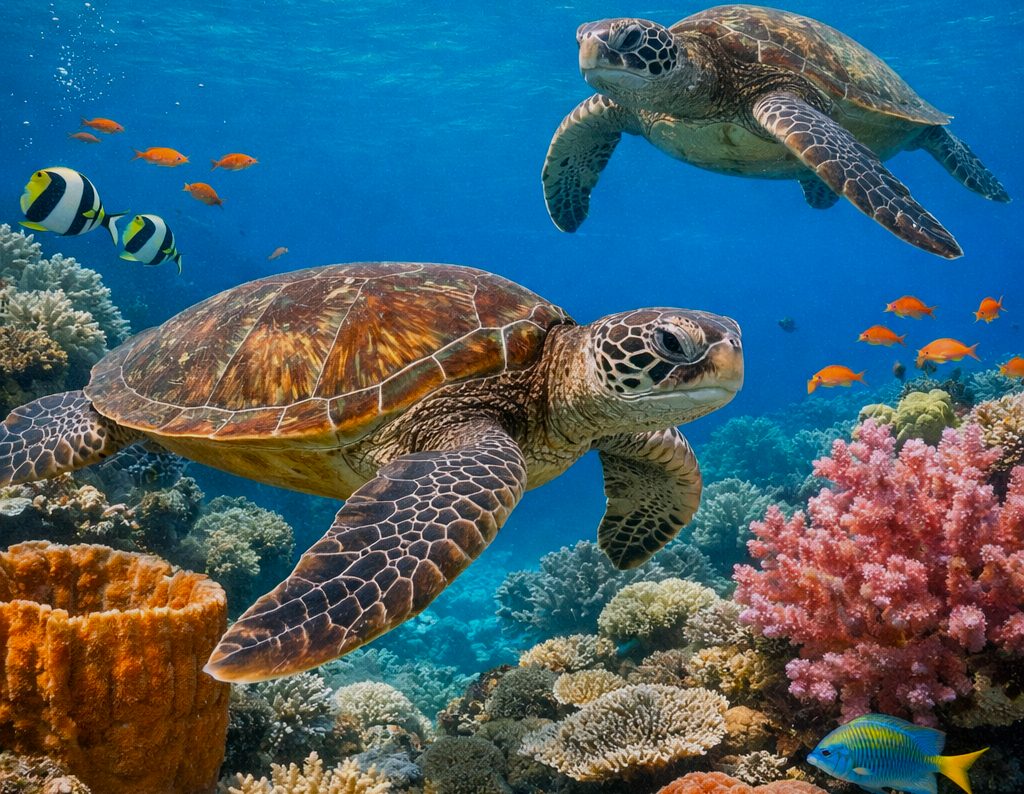 Two marine turtles swimming over a colorful coral reef, highlighting how marine turtles are hunted to extinction in the Philippines.