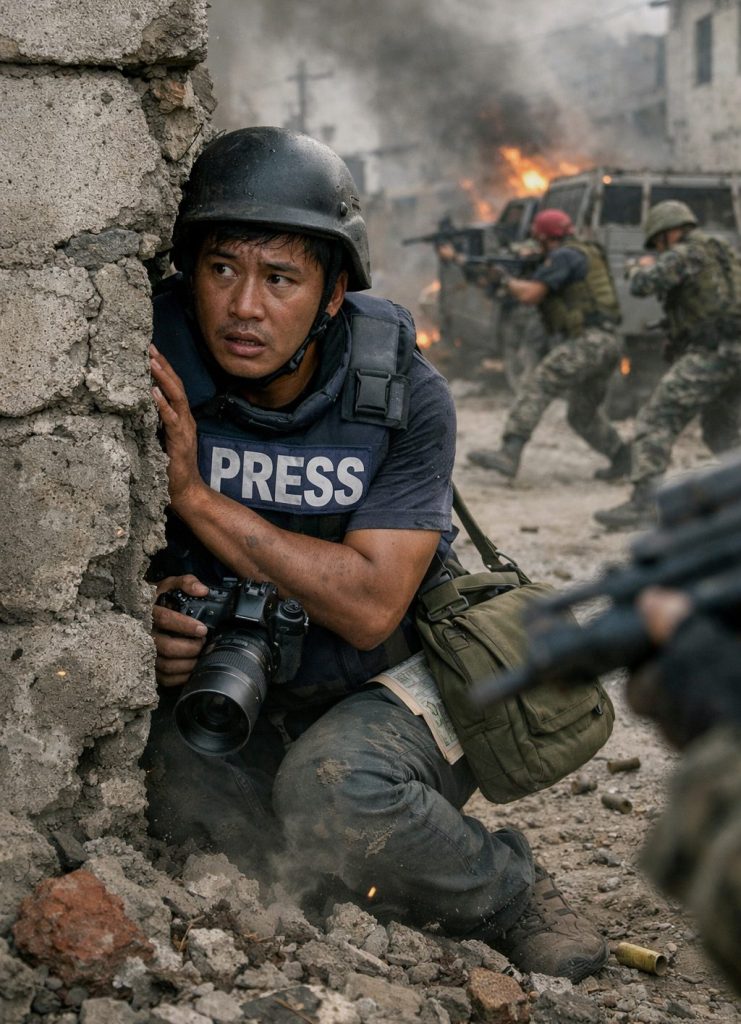 Journalist wearing a PRESS vest documenting armed conflict, illustrating the principles of peace reporting during a dangerous frontline assignment.