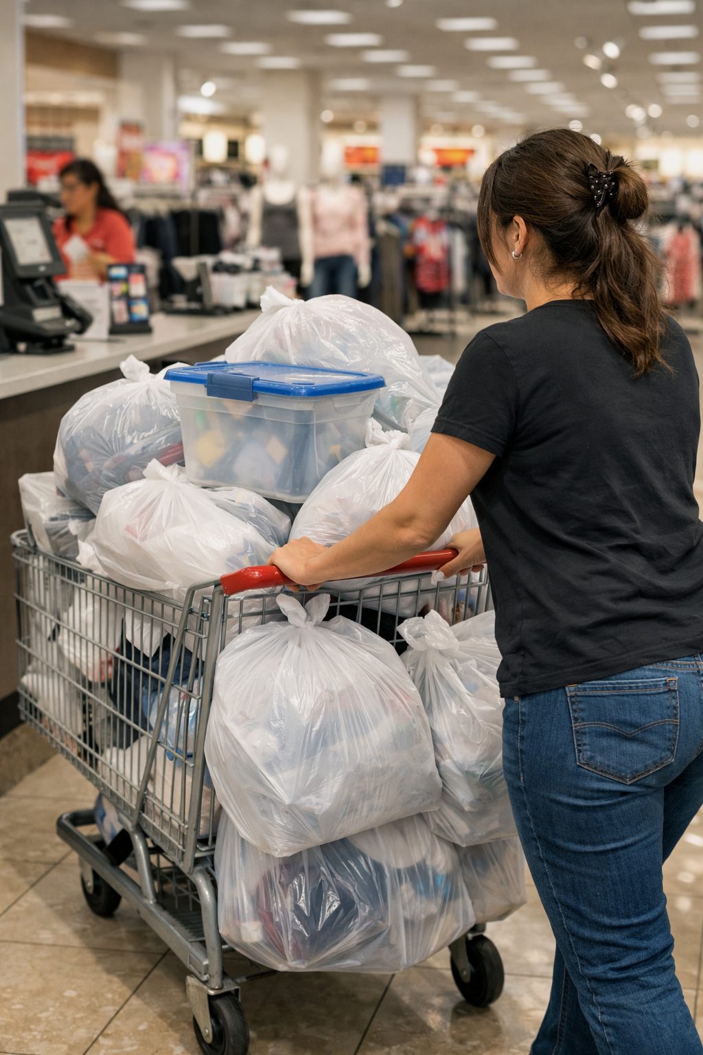 A shopper carrying multiple plastic bags, illustrating how Plastic Pollution is fueled by the widespread use of single-use plastics.