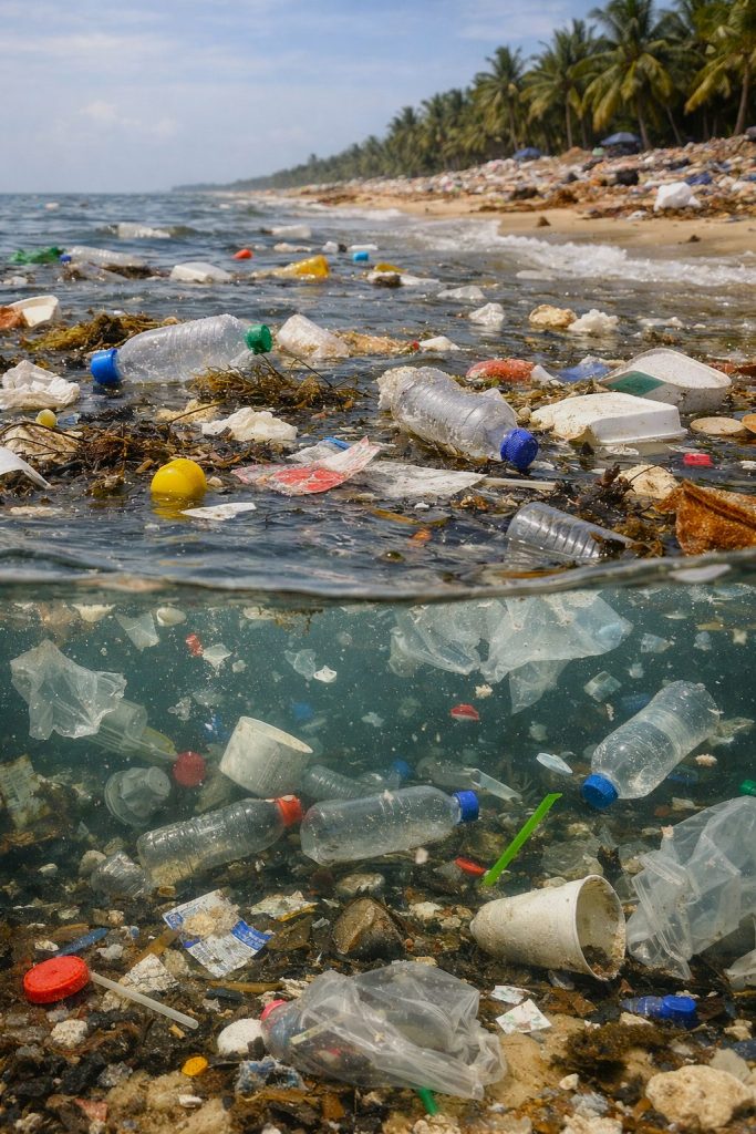 Plastic waste floating in polluted water demonstrates the impact of Plastic Pollution on rivers, oceans, and marine ecosystems.