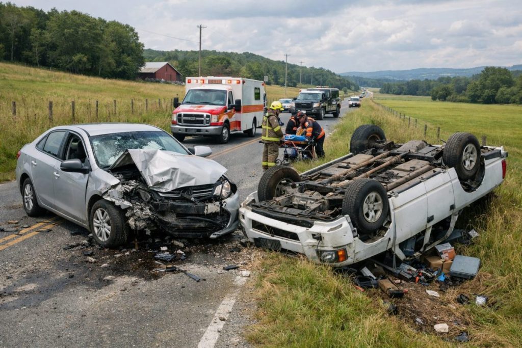 Damaged vehicles after a collision illustrating the risks associated with Road Accident Deaths.