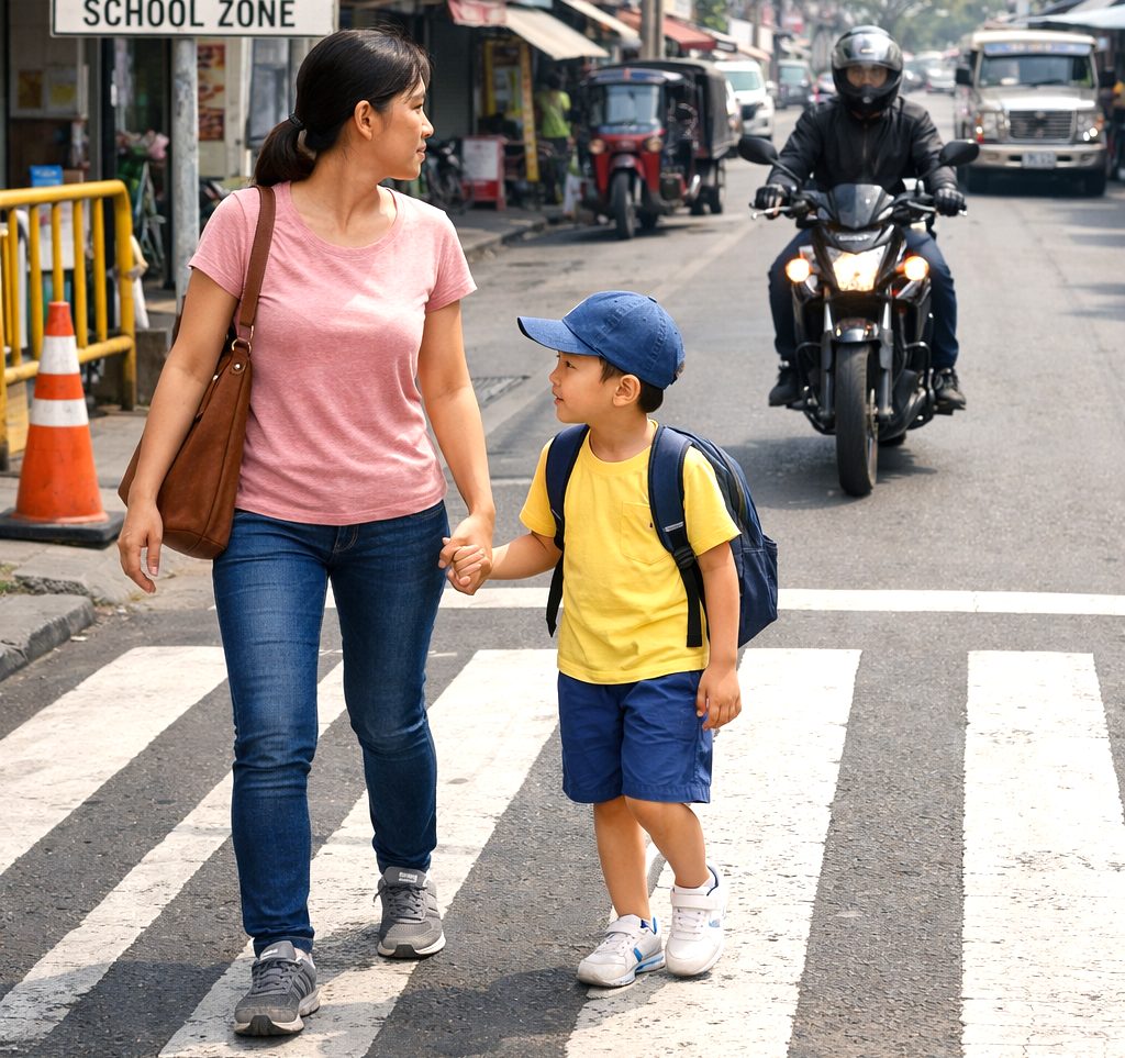 A parent and child safely crossing a pedestrian lane, promoting awareness to reduce Road Accident Deaths.
