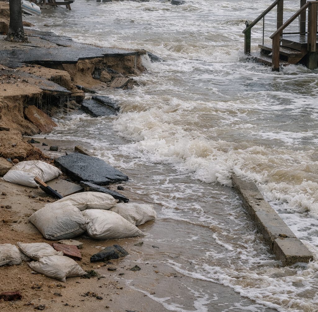 A coastal house partially submerged by rising seawater, illustrating the impact of Sea Level Rise Philippines on vulnerable communities.