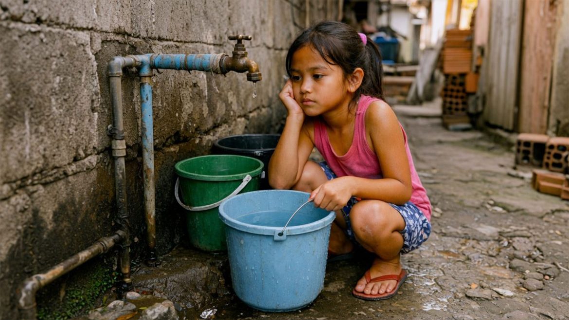 A child waits beside a slowly dripping faucet during the water crisis in the Philippines.