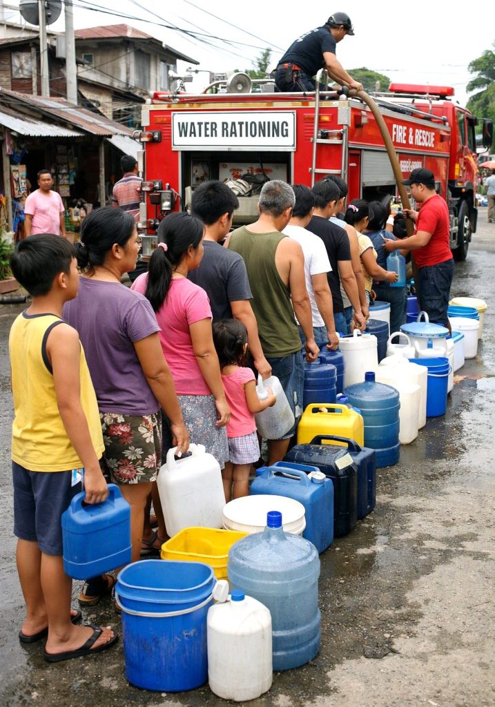 Residents line up with water containers during a water shortage, highlighting the water crisis in the Philippines.