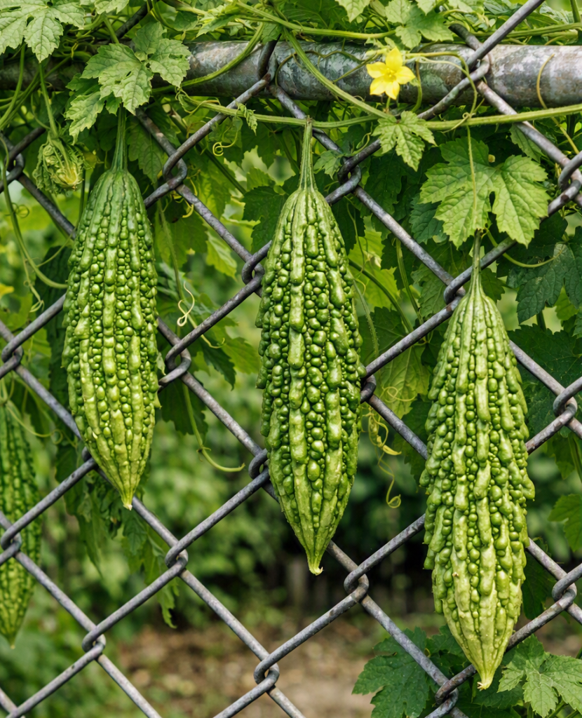 Several bitter melon fruits growing on a vine during research into ampalaya tablets for diabetes