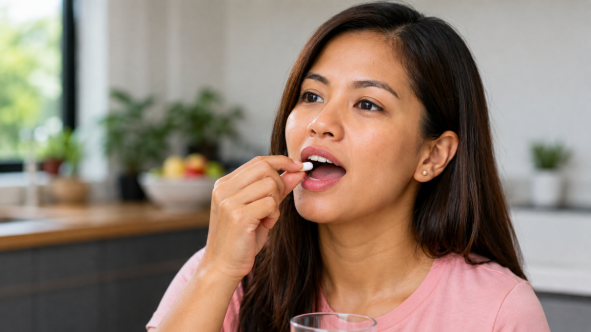 Woman taking an antibiotic pill, illustrating antibiotic resistance and the growing global challenge of treating bacterial infections.
