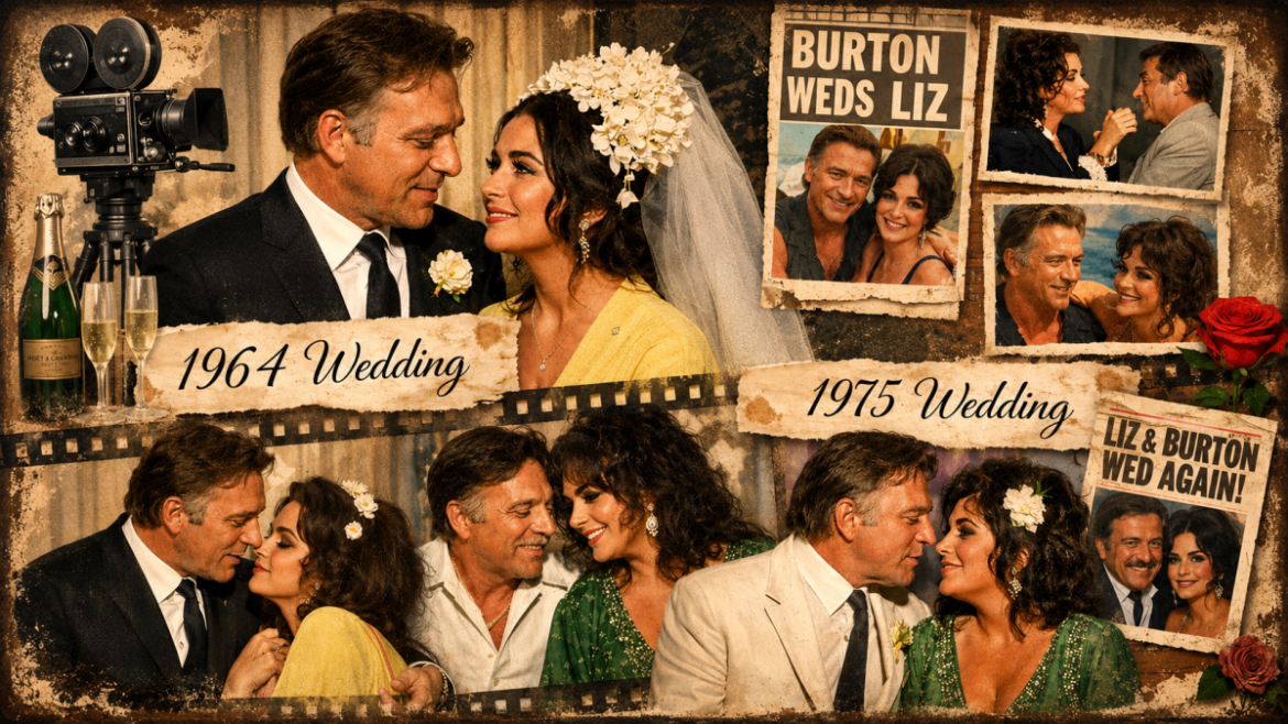 Vintage collage showing Elizabeth Taylor and Richard Burton as one of the most famous celebrity couples who married twice.