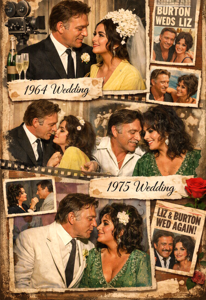 Wide vintage collage of Elizabeth Taylor and Richard Burton's 1964 and 1975 weddings as celebrity couples who married twice.