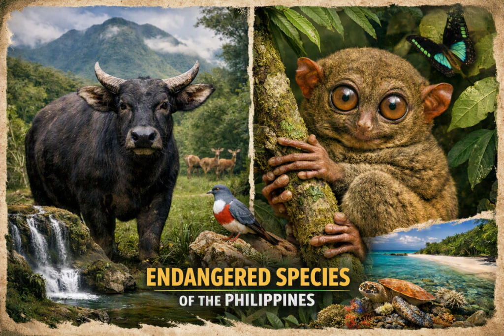 Philippine tamaraw and Philippine tarsier representing endangered species and biodiversity in the Philippines.