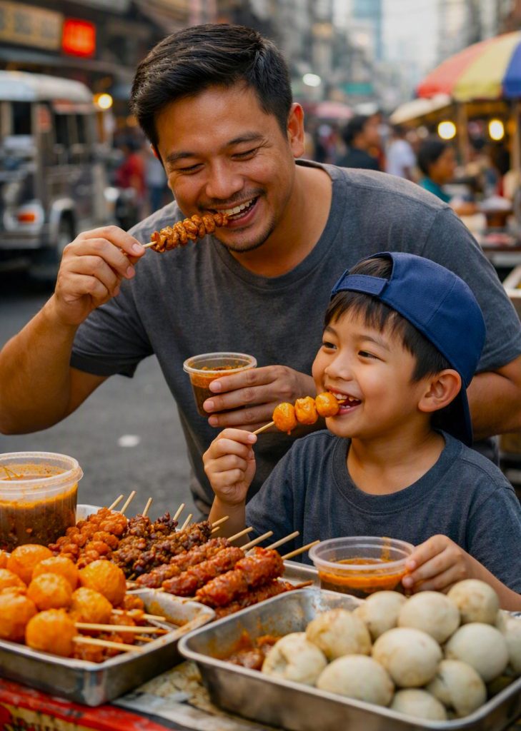 A Filipino street food stall offers grilled skewers, fish balls, and other popular snacks, emphasizing street food safety through proper food handling.