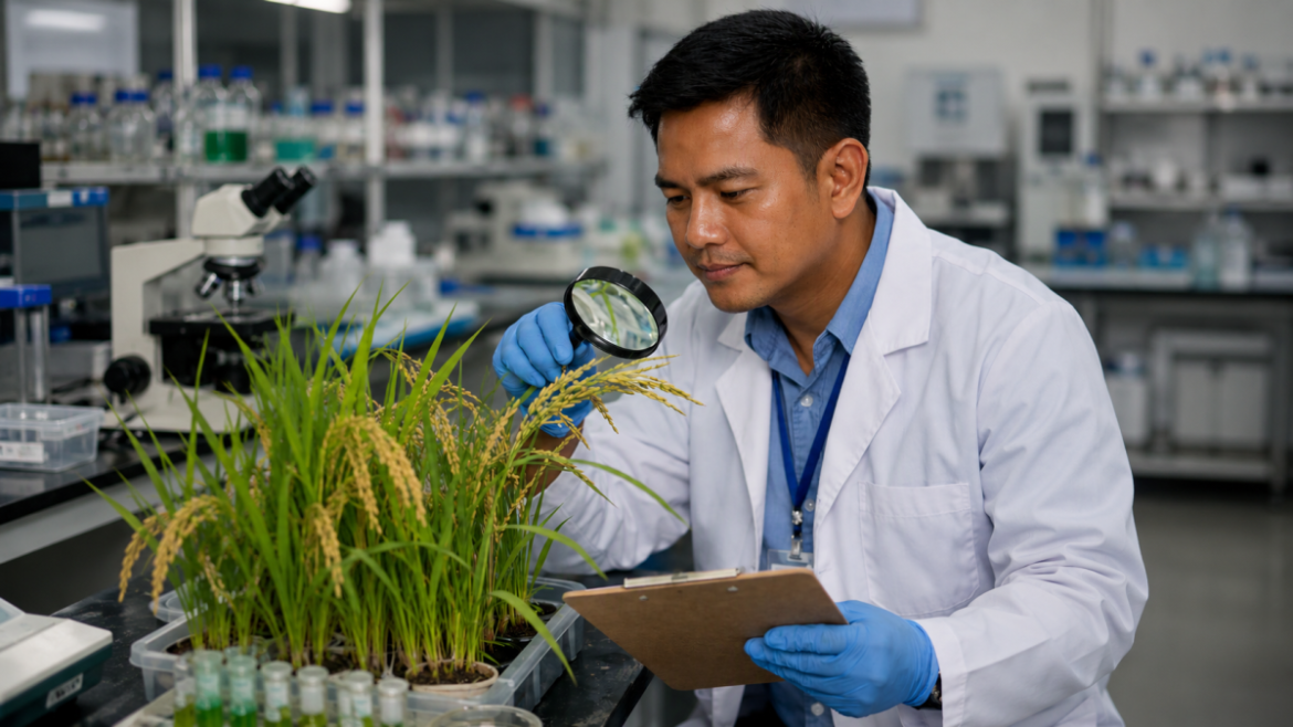 Scientist examines rice plants as researchers study flood-tolerant rice varieties in a laboratory