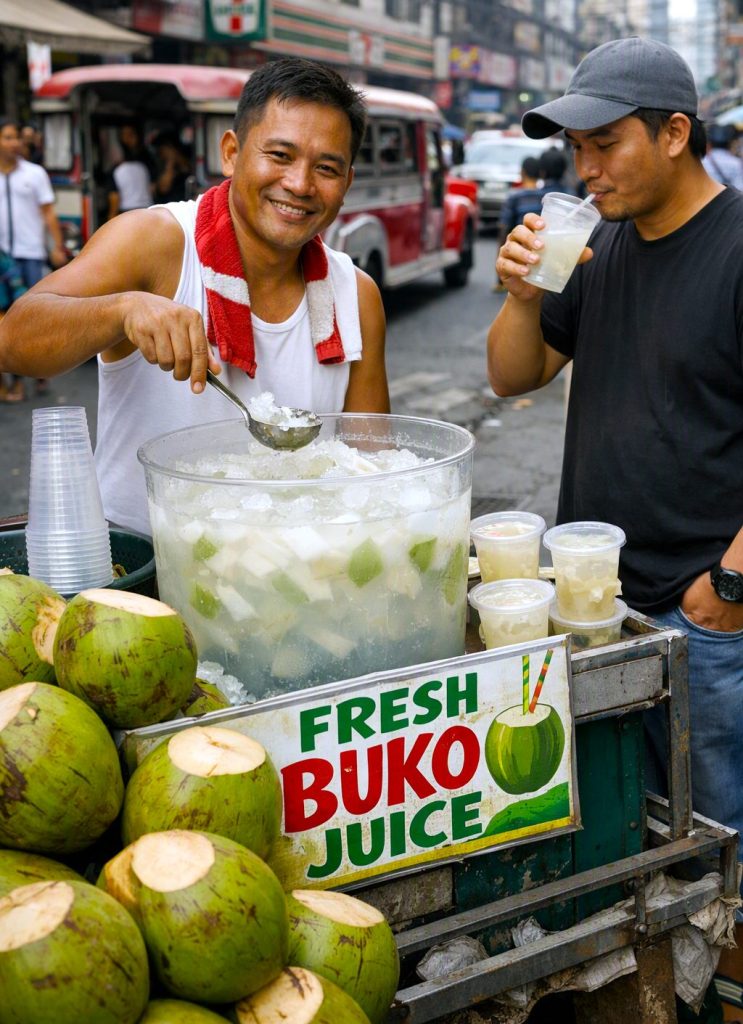 A street vendor prepares fresh buko juice for customers, promoting street food safety through freshly served beverages.