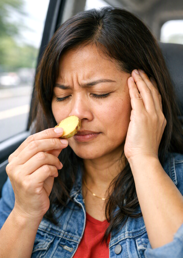 Woman smelling fresh ginger to illustrate the health benefits of ginger for easing nausea and motion sickness.