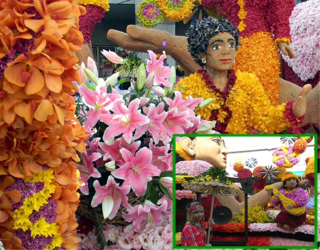 A colorful floral float during the Kadayawan sa Dabaw Festival decorated with fresh flowers and harvest-themed ornaments.
