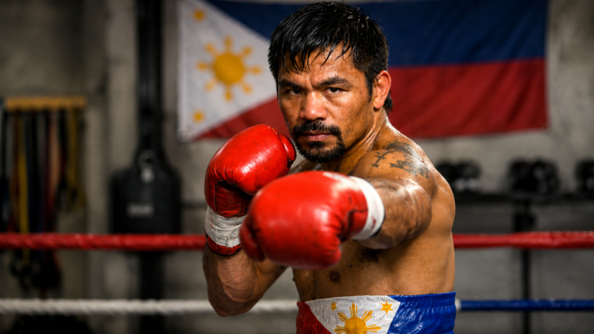 Manny Pacquiao in a boxing stance, highlighting one of the world's most famous left-handed people and southpaw champions.