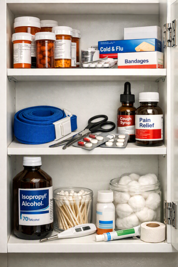 Medicine cabinet containing rubbing alcohol, bandages, cotton balls, and first aid supplies commonly used for wound care.