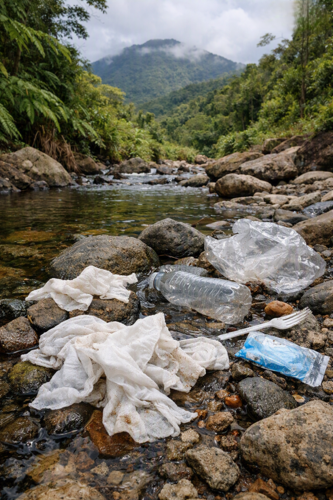 Mount Hamiguitan wet wipes ban highlights plastic and disposable waste in a forest stream