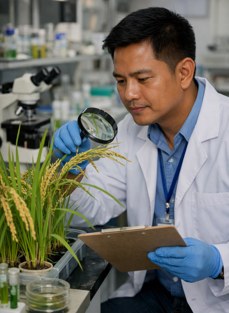Researcher examines rice plants in a laboratory while studying flood-tolerant rice varieties