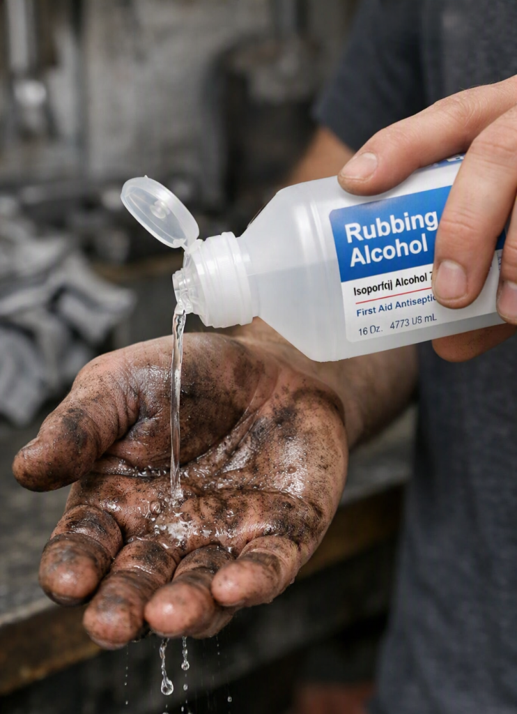 Rubbing alcohol being poured onto dirty hands to demonstrate proper first aid practices and whether it should be applied to an open wound.