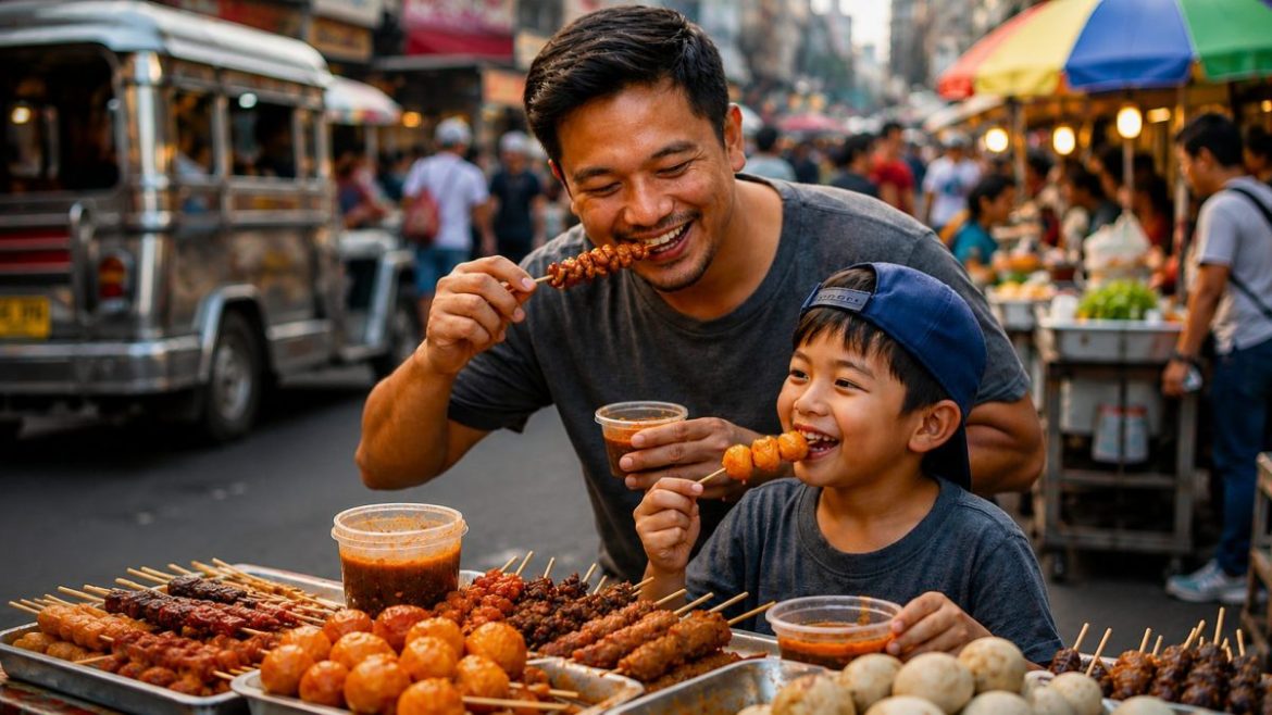 A father and child enjoy Filipino street food from a busy market, highlighting the importance of street food safety when choosing freshly prepared meals.A family enjoys freshly cooked Filipino street food from a local vendor, demonstrating the popularity of street food across urban communities.
