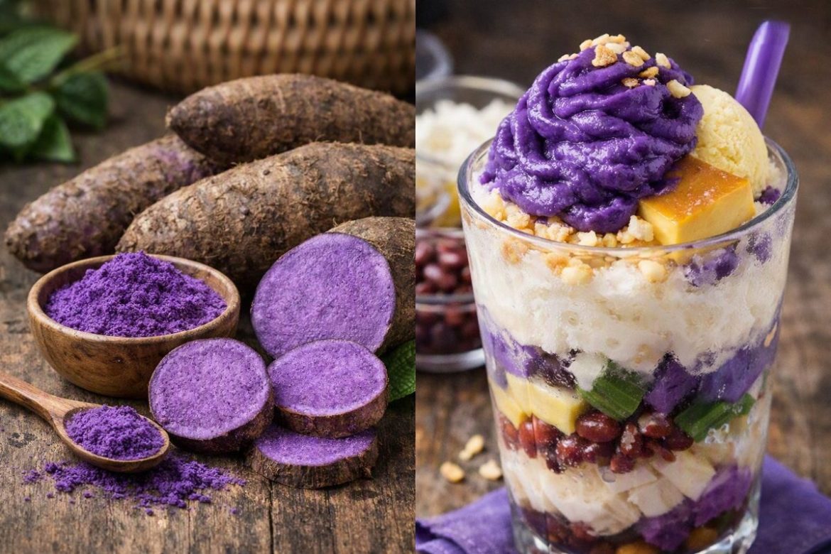 Fresh purple ube alongside a layered ube dessert, illustrating the growing ube global demand and international popularity of the Filipino purple yam.