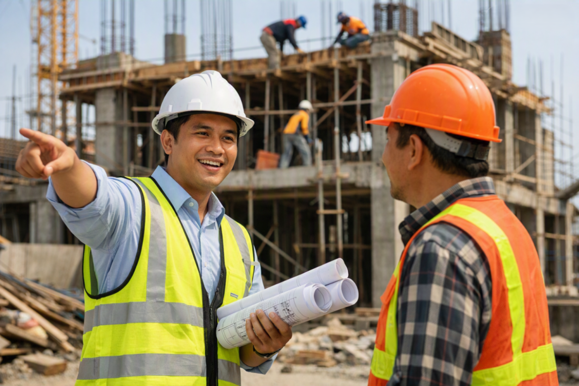 Two construction professionals discussing plans at a worksite, illustrating vision in leadership and effective teamwork